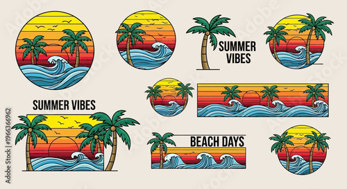 Retro Sunset Beach Vibes Palm Trees Waves Vector Graphics Set