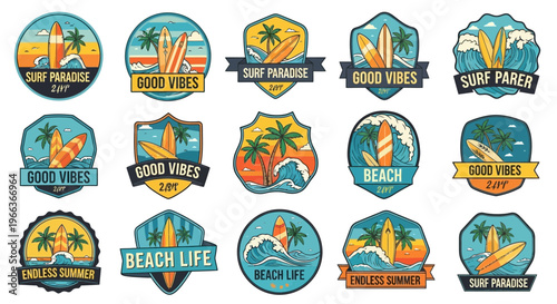 Beach Vibes Surfboard Sunset Palm Trees Tropical Island Summer Vacation Icons