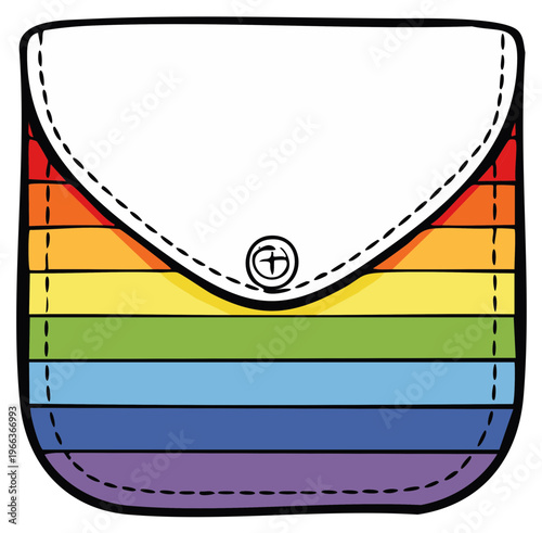 Rainbow colored bag with a white flap and button closure.