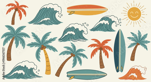 Summer Beach Vibes: Palm Trees, Surfing Waves, and Sun