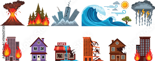 Natural Disaster Icon Set Featuring Volcano Eruption, Wildfire, Earthquake, Tsunami Wave, Storm Lightning, Flooded Buildings and Damaged Houses Illustration Collection