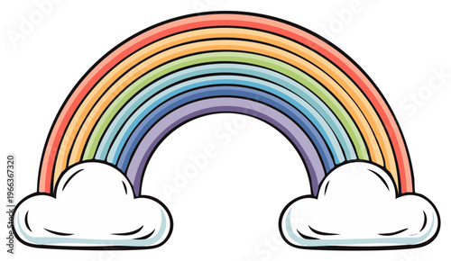 Vibrant cartoon rainbow arching over fluffy clouds with colorful bands
