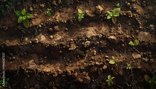 Aerial view showcasing freshly planted seeds sprouting in fertile soil landscape