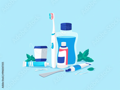 Colorful assortment of dental hygiene and oral care products arranged creatively
