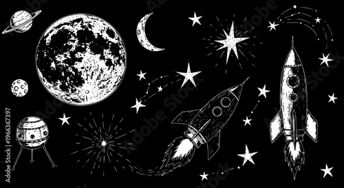 Hand-Drawn Space Elements: Rocket Ships, Planets, Moon, and Stars on Black Background