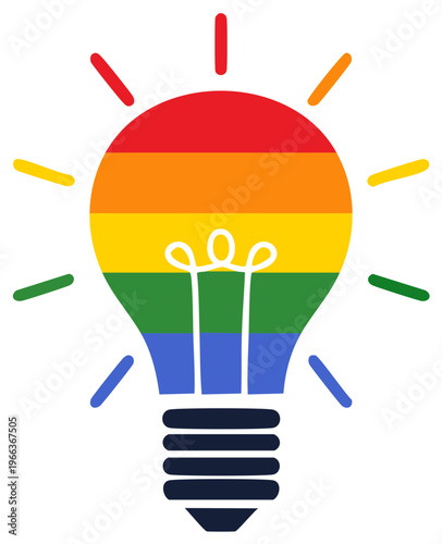 Rainbow light bulb with radiating rays symbolizing LGBTQ+ pride and innovation