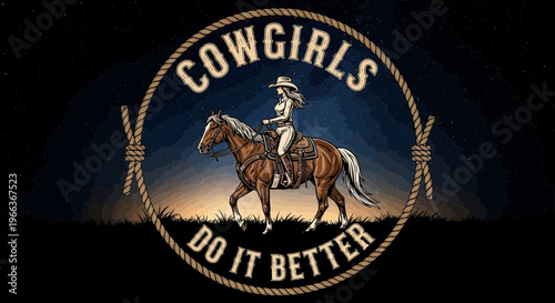 Cowgirl Riding Horse in Western Landscape with Rope Emblem