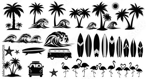 Tropical Beach Scene Silhouettes: Palms, Waves, Surfboards, Van, Flamingos, Sun