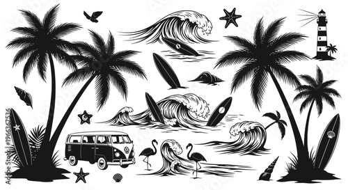 Summer Beach Vibes: Palm Trees, Surfboards, Van, Waves & Lighthouse Silhouette