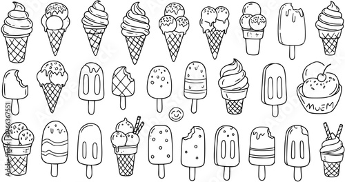 Ice Cream Doodles: Hand-Drawn Vector Illustration of Various Summer Desserts - Cones, Popsicles, and Bowls