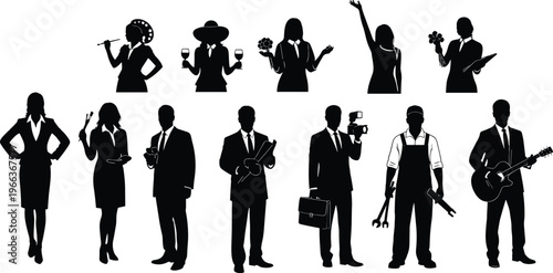 Professional people occupations silhouettes set, diverse careers including businessperson, chef, musician, photographer and service workers vector illustration