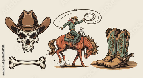 Cowboy Skull, Rodeo Rider, Boots and Bone - Western Iconography Set