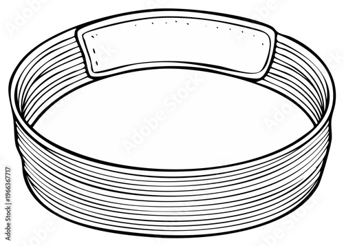 Outline drawing of a circular woven basket with a rectangular label attached, vector illustration for crafting or decoration.