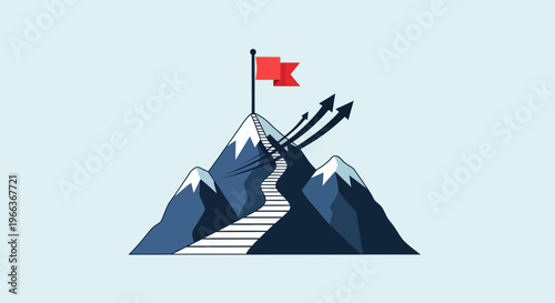 Mountain peak with a red flag and ascending stairs, symbolizing achievement and success.