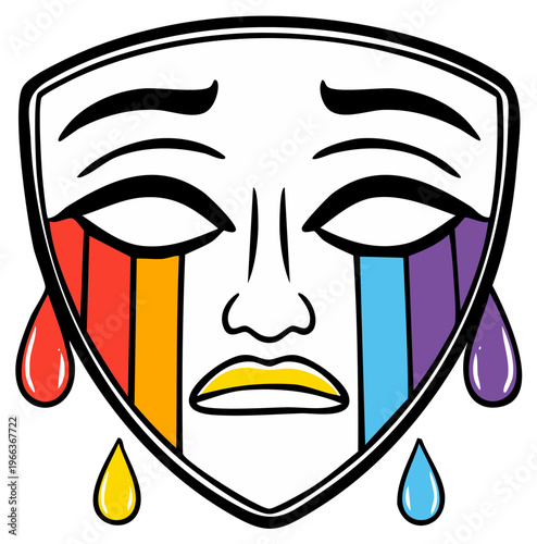 Tragic theater mask with rainbow tears crying representing sadness and support for LGBTQ community