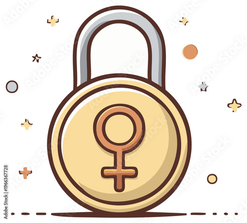 Female symbol padlock illustration with abstract star and circle accents