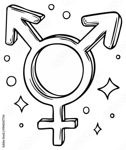 Hand drawn transgender symbol with sparkles depicting identity and equality in simple black and white line art, vector illustration with gender expression support
