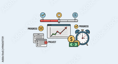 Business timeline illustration showcasing project progress tracking with charts and money