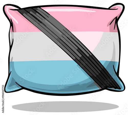 Pillow featuring the colors of the transgender flag with a seatbelt across it to show the importance of safety