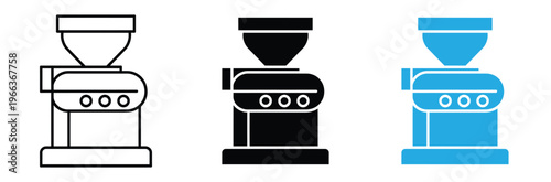 Coffee Grinder Machine Icon Set for Cafe Barista and Kitchen Appliance Design. Electric Coffee Mill Vector Illustration.Coffee grinder icons in black, White and blue color schemes