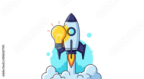 Cartoon rocket ship with a glowing idea lightbulb launching upwards