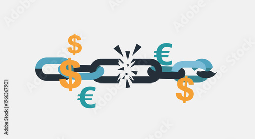 Broken financial chain with dollar and euro symbols, representing economic crisis and debt