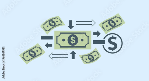 Abstract graphic illustrating money flow and financial transactions with dollar bills and arrows
