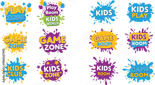 Kids Play Zone and Game Room Logo Collection Featuring Colorful Splash Badges for Children Activity Areas, Clubs and Entertainment Centers Vector Set