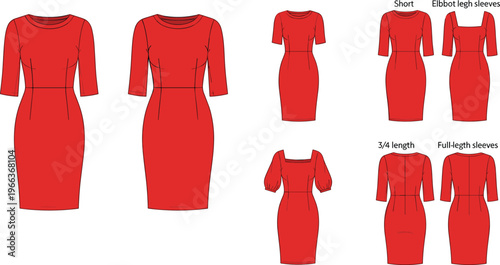 Red bodycon dress vector set, women fashion dress template, short sleeve elegant dress design, front back views illustration