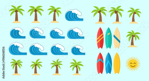 Tropical Beach Elements: Palm Trees, Waves, Surfboards, and Sun