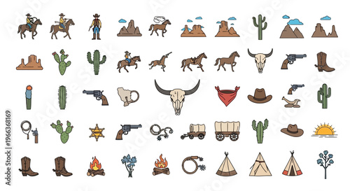 Wild West Icons: Cowboys, Horses, Cacti, and More - Vector Set