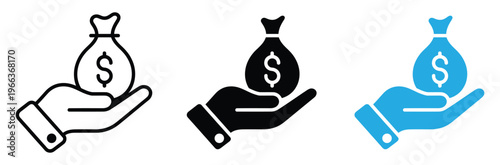 Hands Offering Money Bag with Dollar Sign for Financial Growth Icon Set.Money bag in hand icon set for finance concepts