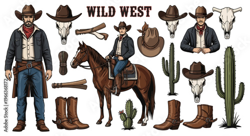 Wild West Cowboy Elements: Rider, Man, Horse, Skull, Cactus, Boots, Hat