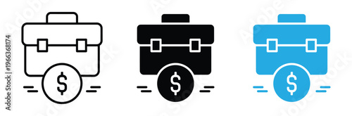 Sports Goal Post with Soccer Ball and Net Icon Set for Football.Briefcase with dollar sign icons in black white and blue