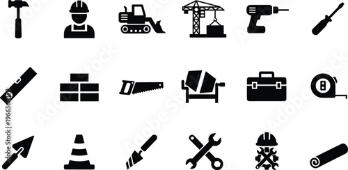 Construction tools icons set, builder equipment vector silhouette hammer drill crane helmet toolbox industry repair isolated design collection