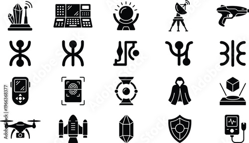 Futuristic sci fi technology icons set, hologram drone robot crystal vector silhouette innovation digital fantasy isolated modern design collection