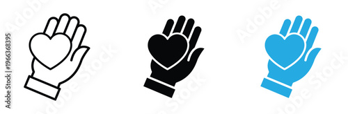 Hand Holding Heart Icon Set for Charity Donation and Healthcare Concept.Hand with heart palm icon set