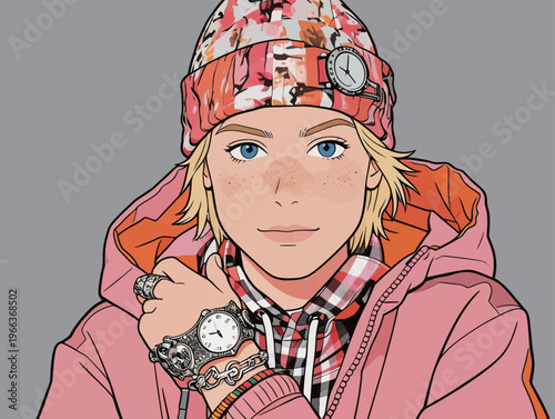 Young person in a colorful hat and pink hoodie poses with confidence against a gray background while showing off various accessories on their wrist