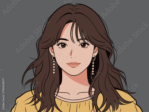 Woman with long hair and earrings in a digital art style on a plain grey background, showing a simple design and expression