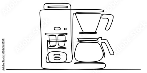 Minimalist continuous line drawing of a modern kitchen coffee maker on a plain white background Vector, illustration