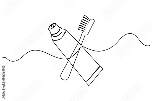 One line drawing of toothbrush crossed with toothpaste tube on white background 