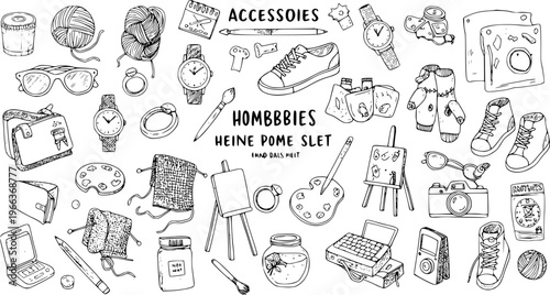 Hand-drawn doodle collection of various everyday accessories and hobby items, including watches, jewelry, bags, art supplies, and tech gadgets, in black and white line art.