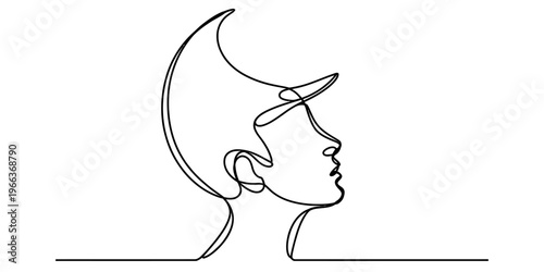Minimalist continuous line drawing of a person wearing a stylish peaked cap looking upwards away Vector, illustration
