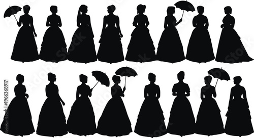 Victorian women silhouette set elegant ladies in dresses vintage fashion female figures umbrella gown vector illustration collection