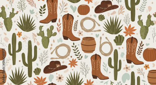Western Cowboy Boots, Hats, Cacti, and Ropes Seamless Pattern