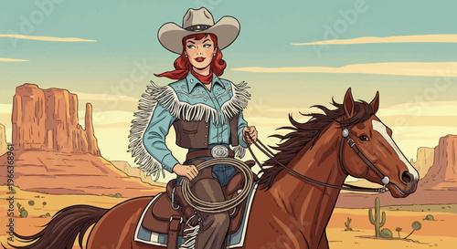 Retro Cowgirl Riding Horse in Desert Landscape, Vintage Western Style