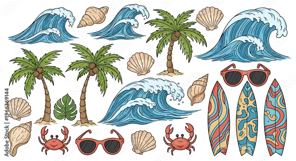 Obraz premium Tropical Beach Summer Vacation Elements: Waves, Palm Trees, Surfboards, Sunglasses, Shells, Crabs