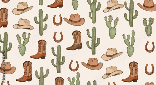 Western Cowboy Boots, Hats, Cacti and Horseshoes Seamless Pattern