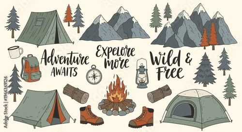 Camping Adventure Illustration: Tents, Mountains, Campfire, Boots, Backpack, Compass