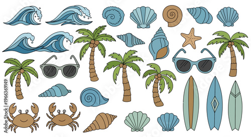 Summer Beach Elements: Palm Trees, Waves, Surfboards, Sunglasses, Shells, Crabs